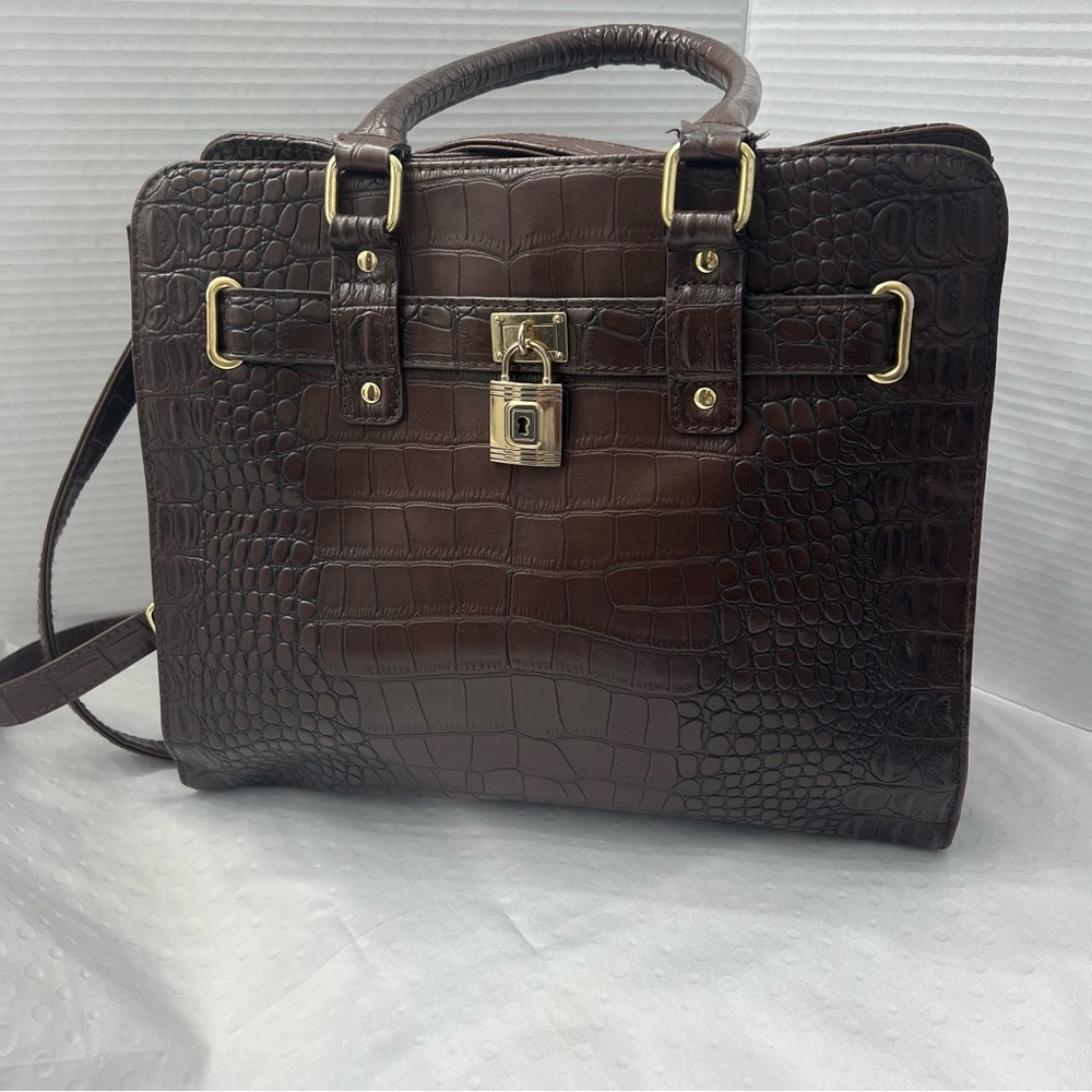 George Faux Full-Grain Cro Leather, Top-Handle Satchel Tote Handbag, Coffee Brwn